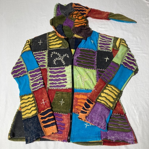 Vintage KPC Hooded Jacket‎ Women's Size Large Patchwork Jacket Distressed Hippie - Picture 2 of 6
